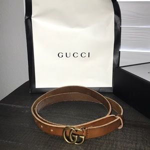 Authentic Gucci double GG skinny belt in brown